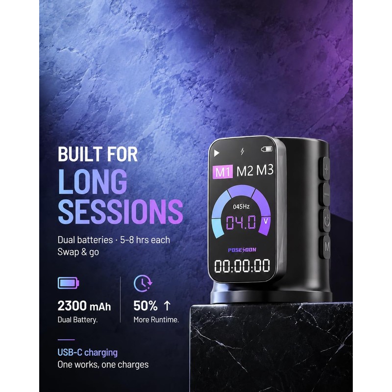 Poseidon Wireless Tattoo Gun Kit 7 Strokes 2300mAh Battery LED