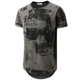 KLIEGOU Mens Hipster Hip Hop Ripped Round Hemline Pattern Print T Shirt 86 Gray S