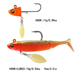 ANNIBBY Lead Head Jigs, 3.5 Inches Plastic Swimbait with Treble Hooks, 6-Piece Fishing Lure Set for Bass Trout Walleye, Trolling Bait for Saltwater and Freshwater (Jig Hook+Spinner Blade)