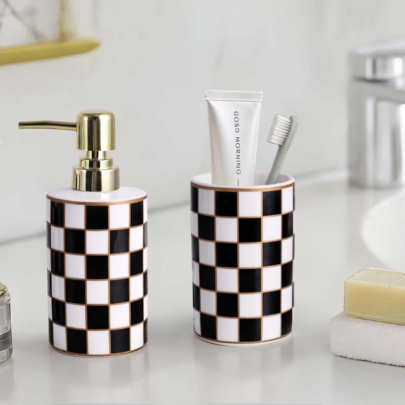 Bathroom Toothbrush Holder Set, Ceramic Checkered Soap Dispenser and Tooth