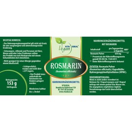 VITA IDEAL Vegan® Vitaide Rosemary 4 x 360 Capsules – Rosmarinus Officinalis – Daily Serving 650 mg Rosemary Pure Powder Natural, Vegetable and No Additives, Original