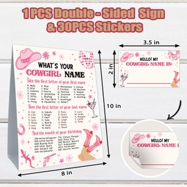 Cidobi What is Your Cowgirl Name Game Set, Birthday Party Game Set, 1 Name Game Double Sided Sign, 30 Name Stickers, Suitable for Girls Women Party Games Acticities 02