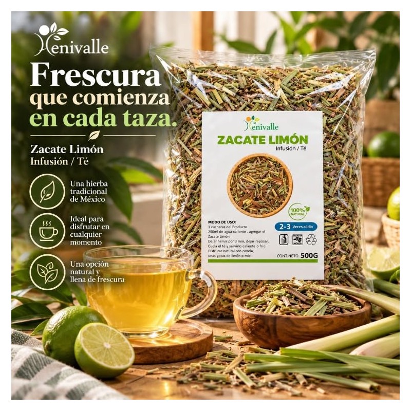 Xenivalle Zacate Limon 500g Natural para Infusiones, Ts, Mezclas Herbales
