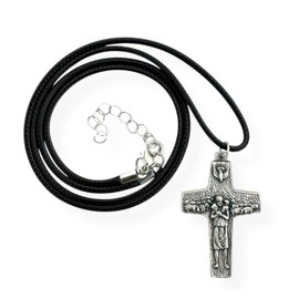 Silver Toned Pope Francis Papal Pastoral Cross Pendant with Black String Necklace Set Catholic Christian Unisex Gift