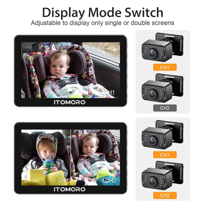 Itomoro Rear Facing Mirrors, 2 Kids Baby Car Camera, 7''