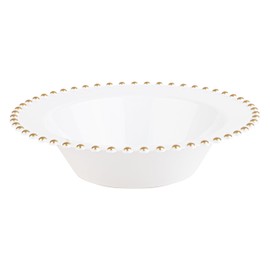 PLASTICPRO 32 Piece Plastic Dinner Plates Bowls Disposable Plastic Fancy Heavy Duty Party Dishes 12 oz White and Gold Bead Bowls