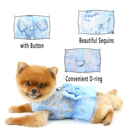 PAIDEFUL Dog Dress,Luxury Bow Princess Tutu Dresses for Girl Dogs Cute Fashion Mesh Pet Skirt with Sequins Flower Cat Puppy Clothes Wedding Party Outfits Chihuahua Apparel Button up D-ring,Blue,XS