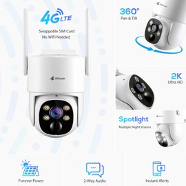 Kittyhok 4G LTE Cellular Solar Security Camera Wireless Outdoor, 2K No WiFi Security Camera, 360° Live View Pan/Tilt, Color Night Vision, 2 Way Talk, PIR Motion Sensor, Siren, Built-in SIM Card