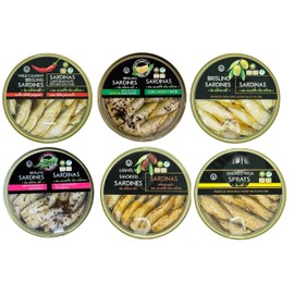 Grilled Catch - 6 Flavor Canned Sardines Variety Fish Sampler Pack European Brisling Sardines in Olive Oil Wild Caught, 5.6 oz Gourmet Tinned Seafood, Kosher, Hand Packed in Latvia