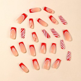Christmas Press on Nails Medium Coffin Fake Nails Gift Snowflake Design False Nails Gel Glue on Matte White French Tips Stick on Nails for New Years Gifts DIY 24PCS Merry Christmas