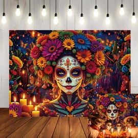 Day of The Dead Backdrop Mexican Fiesta Colorful Sugar Skull Woman Flowers Candles Photography Background Dia De Los Muertos Altar Ofrenda Party Decorations Supplies Fiesta Banner 7x5FT