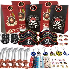Pirate Party Bags, 96Pcs Pirate Party Favours Pirate Party Decorations,Bag Fillers Pirate Accessories Pirate Party Supplies Keychains Hat Slap Bands Rings,Pirate Treasure Hunt Party Game for Kids