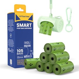 Bolsas para Excremento de Perros, Bolsas Popo Perro Extra Gruesas y Prueba de Fugas, con Dispensador, Clip y Correa, 105 Bolsas (7 Rollos), Verde