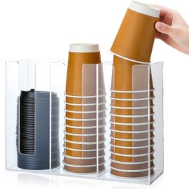 3 Compartments Acrylic Coffee Cup Dispenser Organizer Paper Cup Lid Sleeve Holder Disposable Cup Organizer Coffee Shop Supplies Paper Cup Holder Cup Storage Organizer for Counter Wall (Clear)