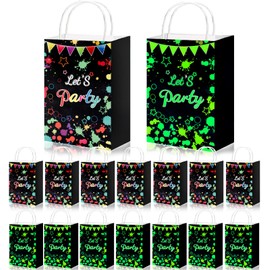 PEAKTOP 8 Glow in Dark Party Gift Bags, 15x21x 8cm Neon Themed Party Bags, Retro 80s 90s Glow Treat Bags with Handle, Lets Glow Birthday Party Favor Bag for Dark Themed Decorations