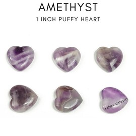 karma gems Amethyst Crystal 1 Inch Mini Heart Puff Stone - Pocket Massage Worry Stone for Natural Body Chakra Balancing, Reiki Healing and Crystal Grid