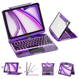 GUSGU Transparent Case with Wireless Keyboard only for 2024 iPad Pro 11-in.(M4)/and 2025 iPad Pro 11 inch (M5), 7 Colors Backlight, Trackpad, 360°Rotating Stand, Tech Style