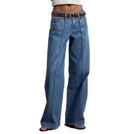 Flamingals Straight Leg Mid Rise Baggy Jeans Boyfriend Denim Strenchy Jeans Without Belt Mid Blue XL