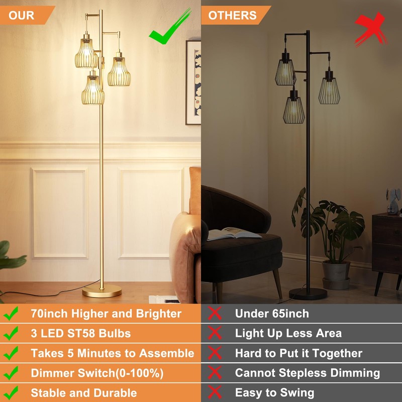 Ziisee Dimmable Gold Floor Lamps for Living Room, 70" Farmhouse