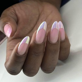 White French Tip Press on Nails Pink Glossy False Nails Long Almond Acrylic Nails Artificial Stick on Nails for Women