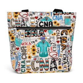 84hoods Large Waterproof Tote Bag Gift for CNA with Pockets and Zipper for Work. Cute Graphic Shoulder Bag for Women Nurse. Aesthetic 15 inch Grocery Bag Sunflower Typography.