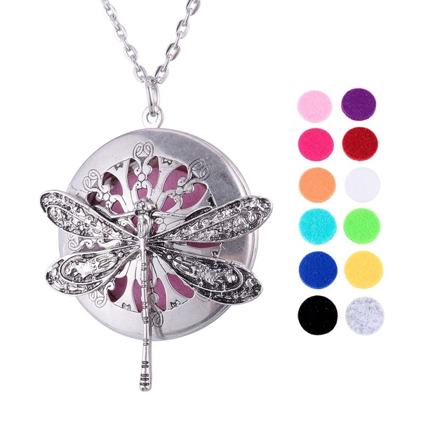 VALYRIA Alloy Dragonfly Locket Aromatherapy Essential Oil Diffuser Necklace with 12 Refill Pads