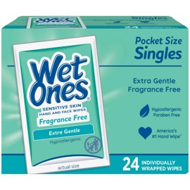 Wet Ones Sensitive Skin Hand Wipes Singles Extra Gentle Fragrance and Alcohol-Free, 24 Count (Pack of 2)