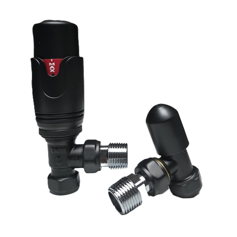 Matt Black Thermostatic Radiator Valves & Lockshield Angled 15mm x