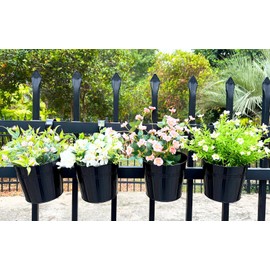 Joyfernal 6 Pcs Black Railing Planter, 6 Inch Metal Hanging Planters for Outside Balcony Rails Fence with Detachable Hooks, Flower Pots Outside for Garden Patio (Black, Pack of 6)