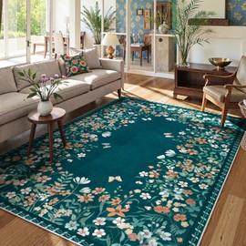 Wonnitar Washable 5x7 Rug, Blue Botanical Area Rugs for Living Room, Non-Slip Soft Rug for Bedroom, Vintage Low Pile Dining Room Floral Rug Carpet for Bedside Mud Room (Blue,5'x7')
