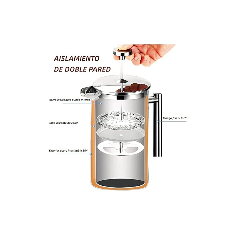 Prensa Francesa Acero Inoxidable 350ML,Filtro 3 Niveles,Doble Pared