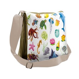 Ambesonne Marine Messenger Bag, Sea Animals Octopus Fish, Unisex Cross-body