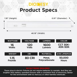 Diodesy 46-Inch LED Under Cabinet Light Fixture - Modern and Contemporary Linkable Light Bar with Tunable Color Temperature - 16 Watts, 1600 Lumens for Bathroom, Kitchen, Home, and Commercial Use