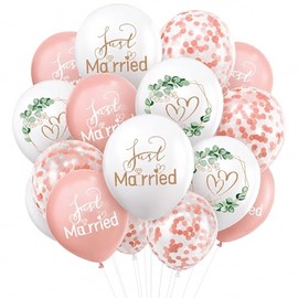 Pack of 24 Balloons Wedding Decoration, Just Married Balloon White Pink Transparent with Confetti, Hearts Eucalyptus Wedding Balloons for Registry Office Decoration Marriage Proposal Engagement