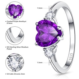 Bonlavie 925 Sterling Silver Ring for Women, 2.25ct Amethyst ring, Rhodium Plated Heart Bridal Engagement Wedding Promise rings, Size L 1/2