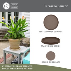 The HC Companies 13 Inch Terrazzo Round Plant Saucer, Lightweight UV-Resistant Plastic Outdoor & Indoor Flower Pot Tray, 1-Pack Plant Pot Trays for Garden & Home Decor, Chocolate