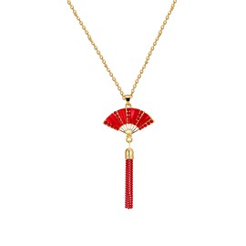 QIAOLEHUI Chinese Red Fan Tassel Earring Necklace for Women Ethnic Fan Dangle Drop Pendant Earrings Spring Festival Chinese New Year Party Jewelry, Large, Alloy Steel, No Gemstone