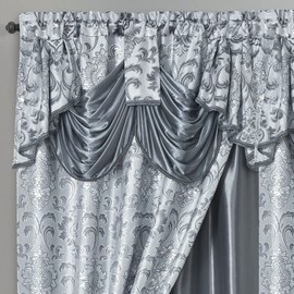 GOHD Samba Star. Jacquard Window Curtain Panel Drape with Attached Fancy Valance and Taffeta Backing. 2pcs Set. Each pc 54" Wide x 90" Drop with 18" Valance. (Grey)