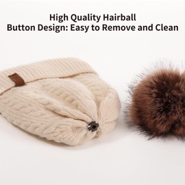 Womens Winter Knitted Beanie Hat with Pompom, Gloves and Scarf Set - Soft, Warm and Thick Cable Knit in Beige