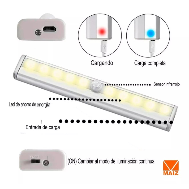 Maíz Lampara Sensor De Movimiento Recargable Usb 10 Focos Led