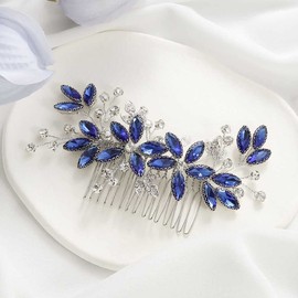 Casdre Peine de novia de cristal para el pelo, con hojas plateadas, accesorios para el pelo, para novia, fiesta de graduación, para mujeres y niñas (azul B)