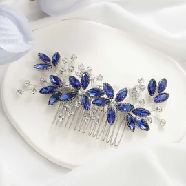 Casdre Peine de novia de cristal para el pelo, con hojas plateadas, accesorios para el pelo, para novia, fiesta de graduación, para mujeres y niñas (azul B)