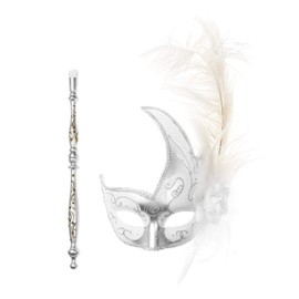 ILOVEMASKS Venetian Masquerade Luxury Feather and Lace Party Mask with Stick (Silver White)