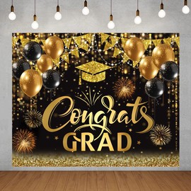 10x8ft Graduation Backdrop 2026 Congrats Grad Banner Black and Gold Graduation Party Decorations Class of 2026 Congratulate Prom Party Background Decor