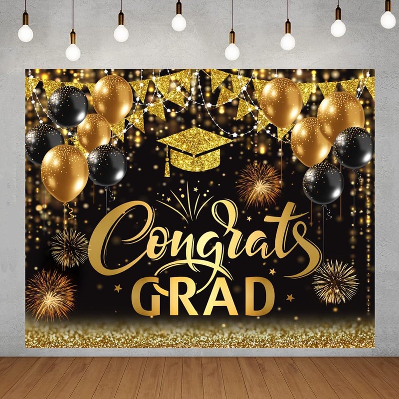 10x8ft Graduation Backdrop 2026 Congrats Grad Banner Black and Gold
