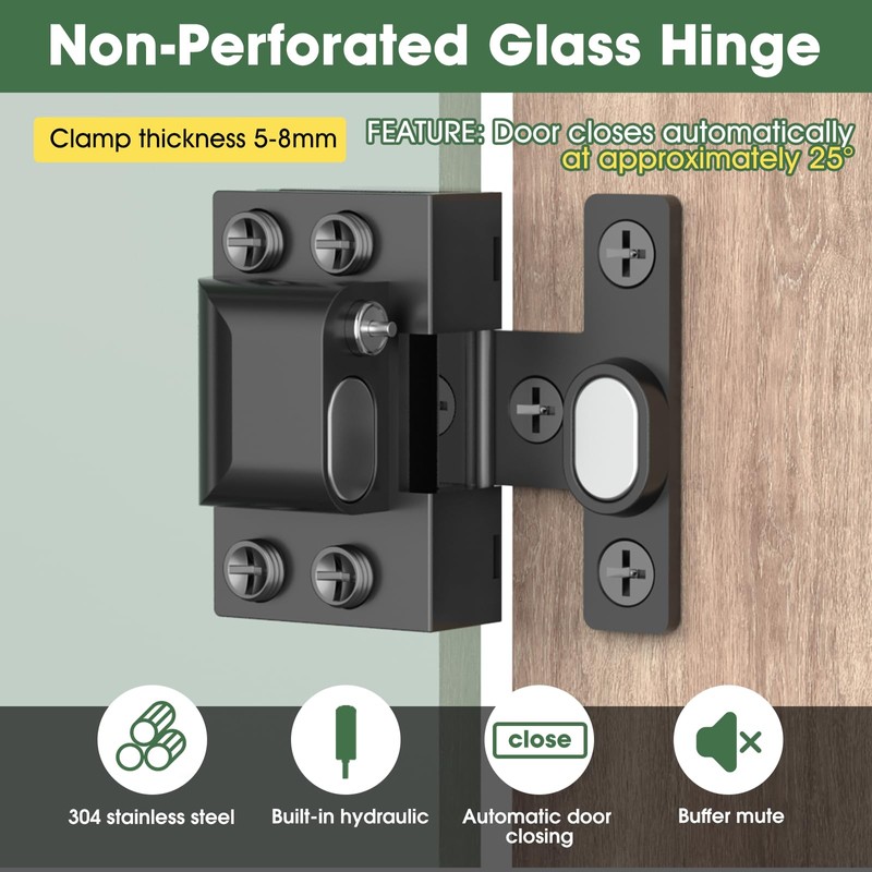 Glass Cabinet Door Hinges, 304 Stainless Steel, Hydraulic Soft Close,