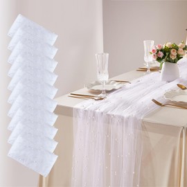 LJIE-House 10 Pieces 60x120 inch White Pearl Table Cloth Tulle Wedding Sheer Rectangular Table Cover for Ceremony Party Dessert Table Decor