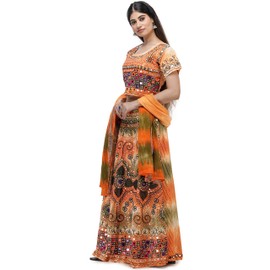 Exotic India Embroidered Lehenga Choli from Jodhpur with Hand-Embroidered Beads and Mirrors - Color TangerineColor 40
