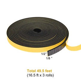 Foam Weather Stripping for Doors and Windows 1/2 inch W x 1/8 inch T, Adhesive Weather Strip Seal Tape (Total 49.5 Ft Length, 3 Rolls of 16.5 Ft Each)