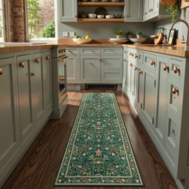 Morebes Washable Runners for Hallways Non Slip 8ft, Boho Soft Indoor Floor Runner Rug 2x8, Vintage Botanical Carpet for Bathroom Entryway Laundry Room, Dark Green